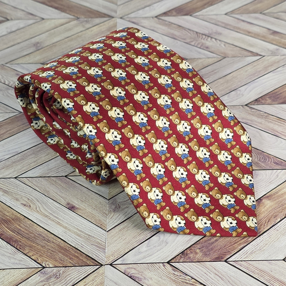 Faconnable Men's Necktie 100% Silk Teddy Bear Patterned Red Handmade In France